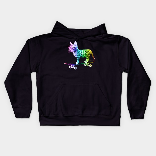 Rainbow Skateboard Cat Kids Hoodie by robotface